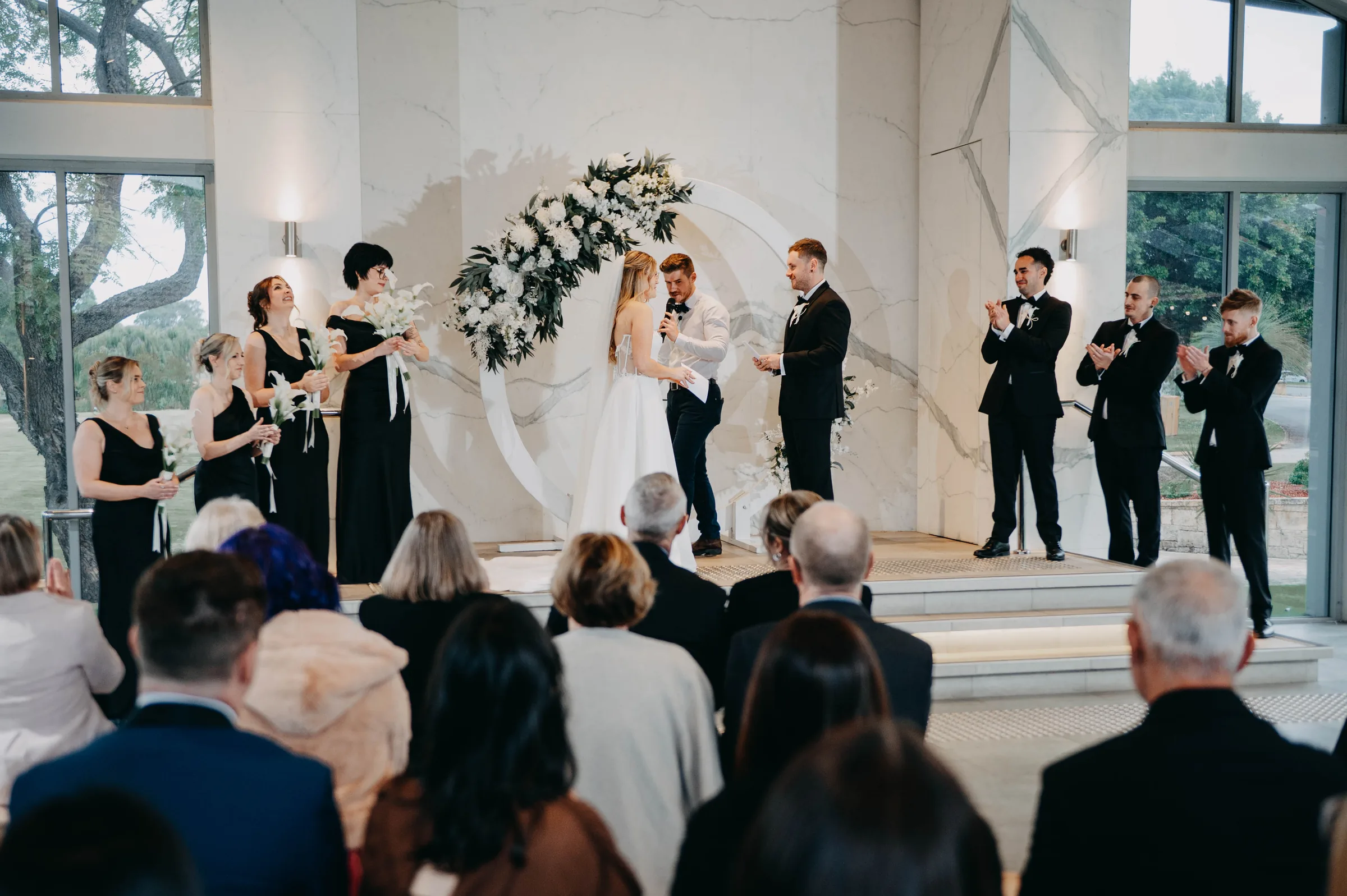 Guests seated for Kirra and Mitch's ceremony at the Garden Pavilion, The Vines Resort