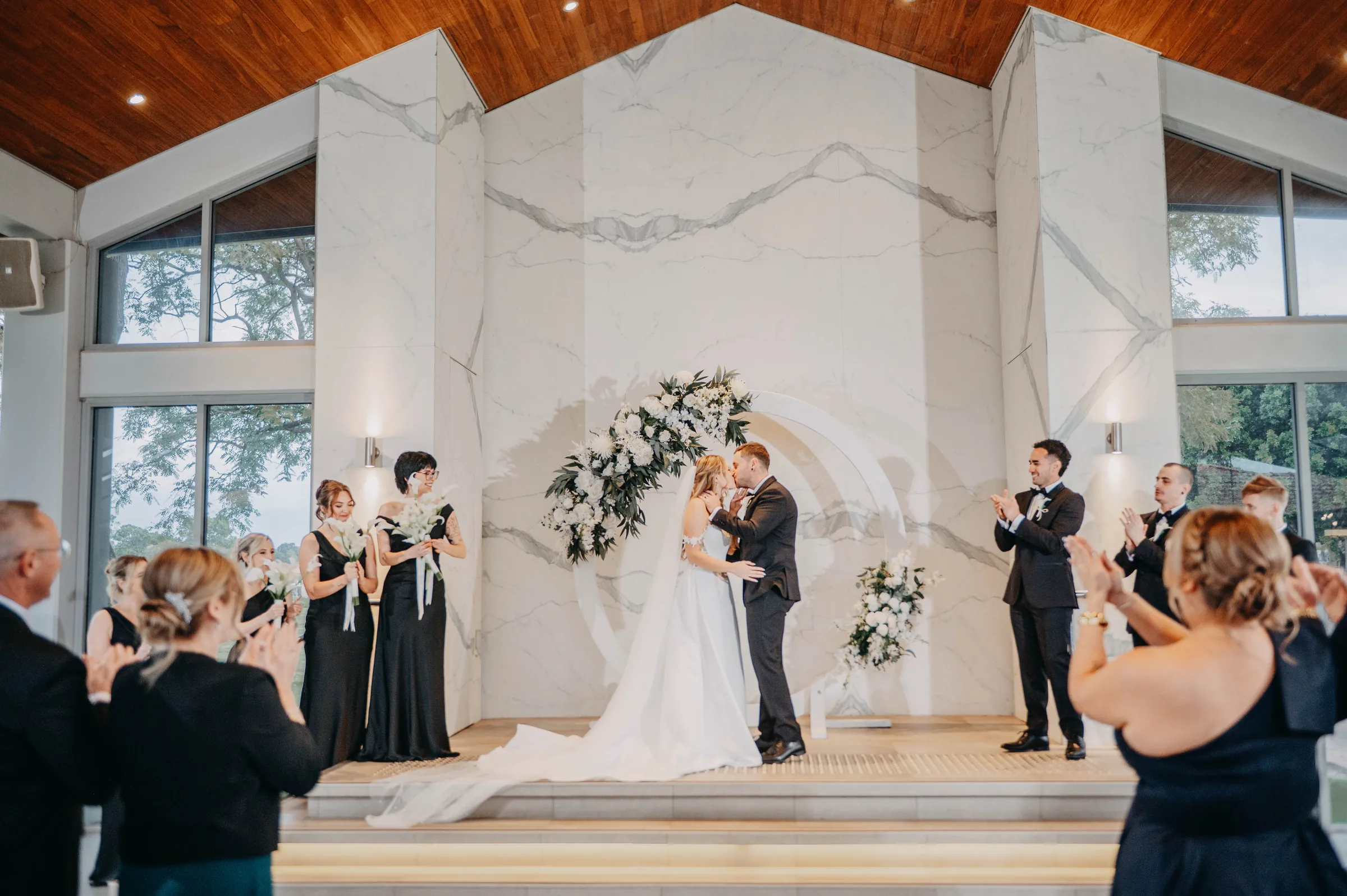 Wide view of the full Garden Pavilion ceremony at The Vines Resort during Kirra and Mitch's vows