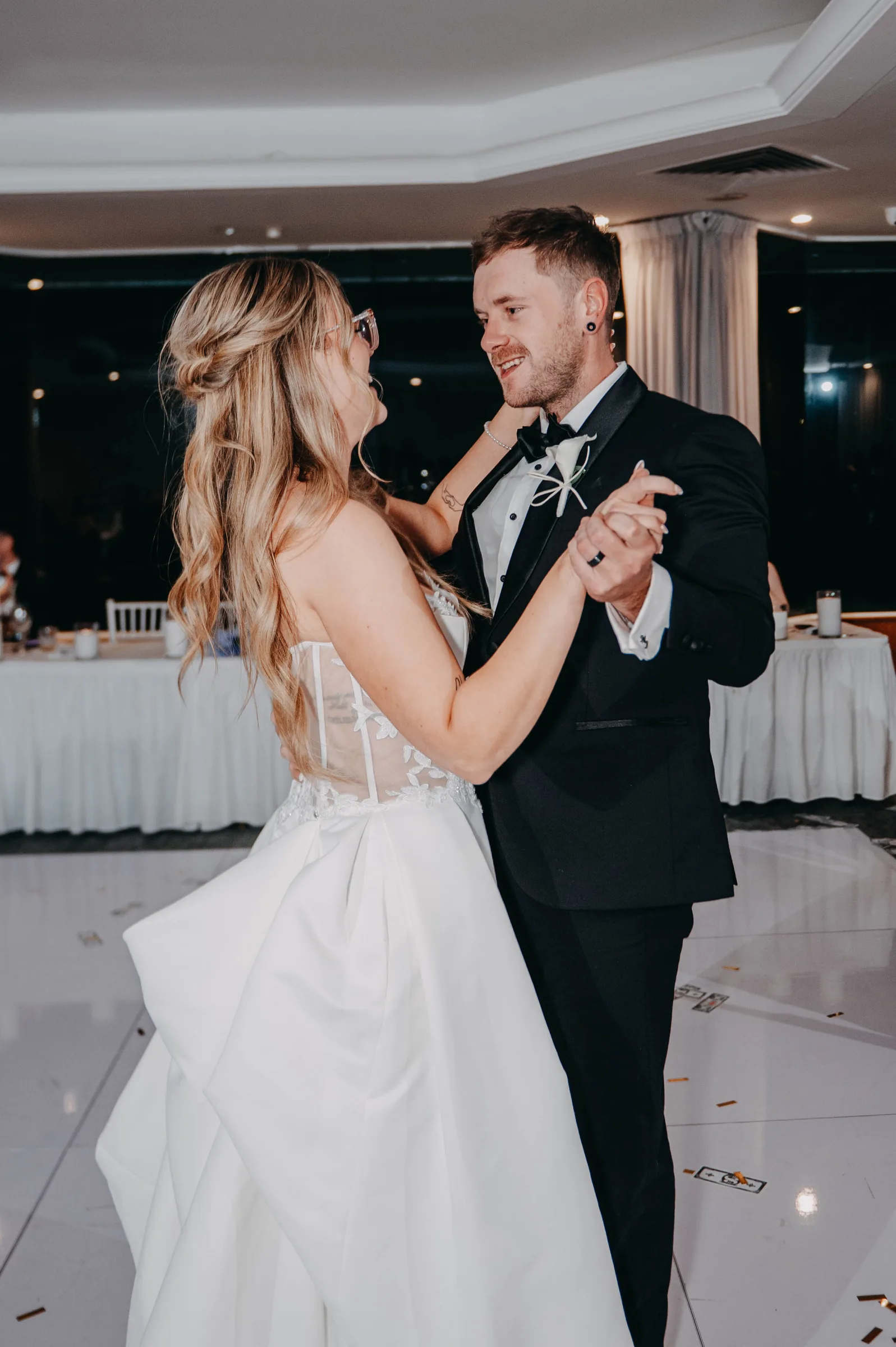 Kirra and Mitch sharing a slow dance together at The Vines Resort reception